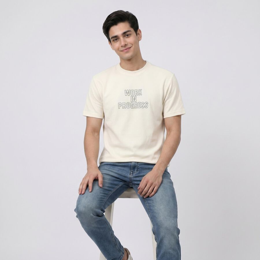 Men's Cream Round Neck Graphic Print T-Shirt, Off White, large