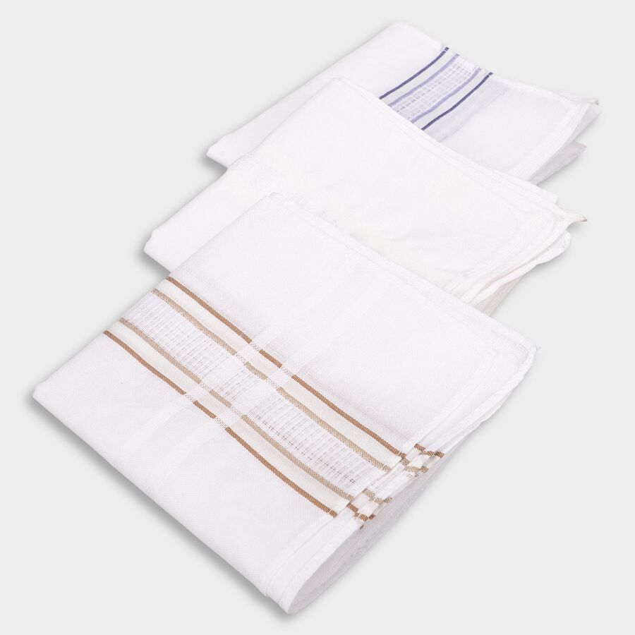 Men's White Cotton Striped Handkerchief Pack of 3, White, large