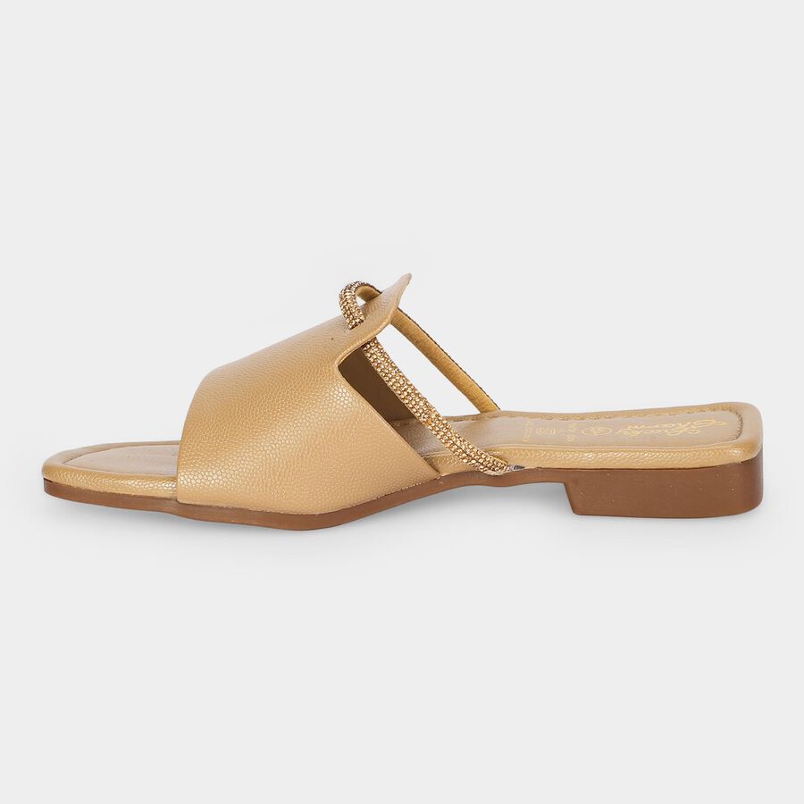 Women's Beige Embellished Slip-On Slide Sandals, Beige, large