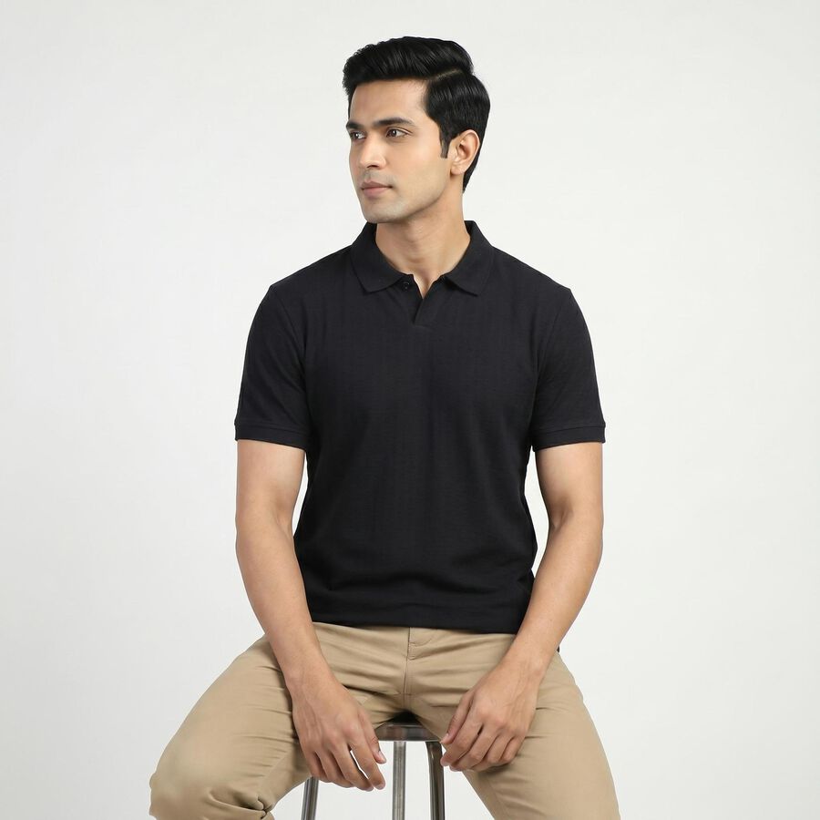 Men's Navy Blue Polo Neck Casual T-Shirt, Navy Blue, large