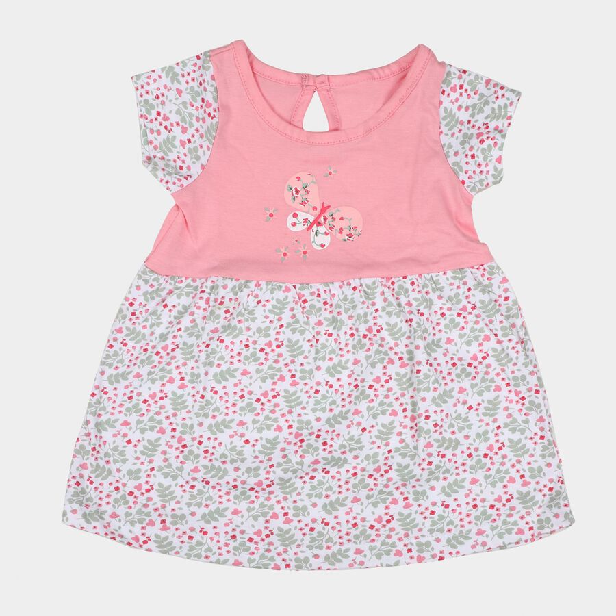 Infants' Pink and White Floral Cotton Frock with Butterfly Print, Pink, large