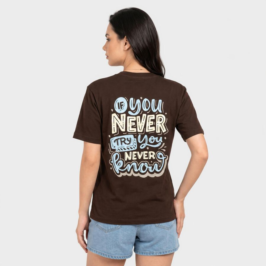 Ladies Brown Cotton Round Neck Regular T-Shirt, भूरा, large