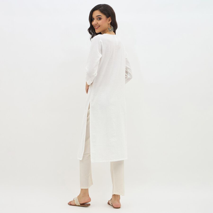 Women's Bright White Cotton Round Neck Embroidered Kurta, Dark Blue, large image number null
