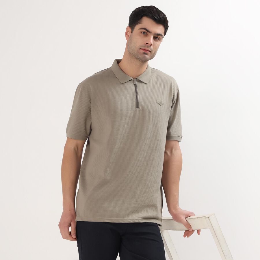 Men's Light Lime Green Polo Neck Geometric Printed Collared T-Shirt, Light Green, large