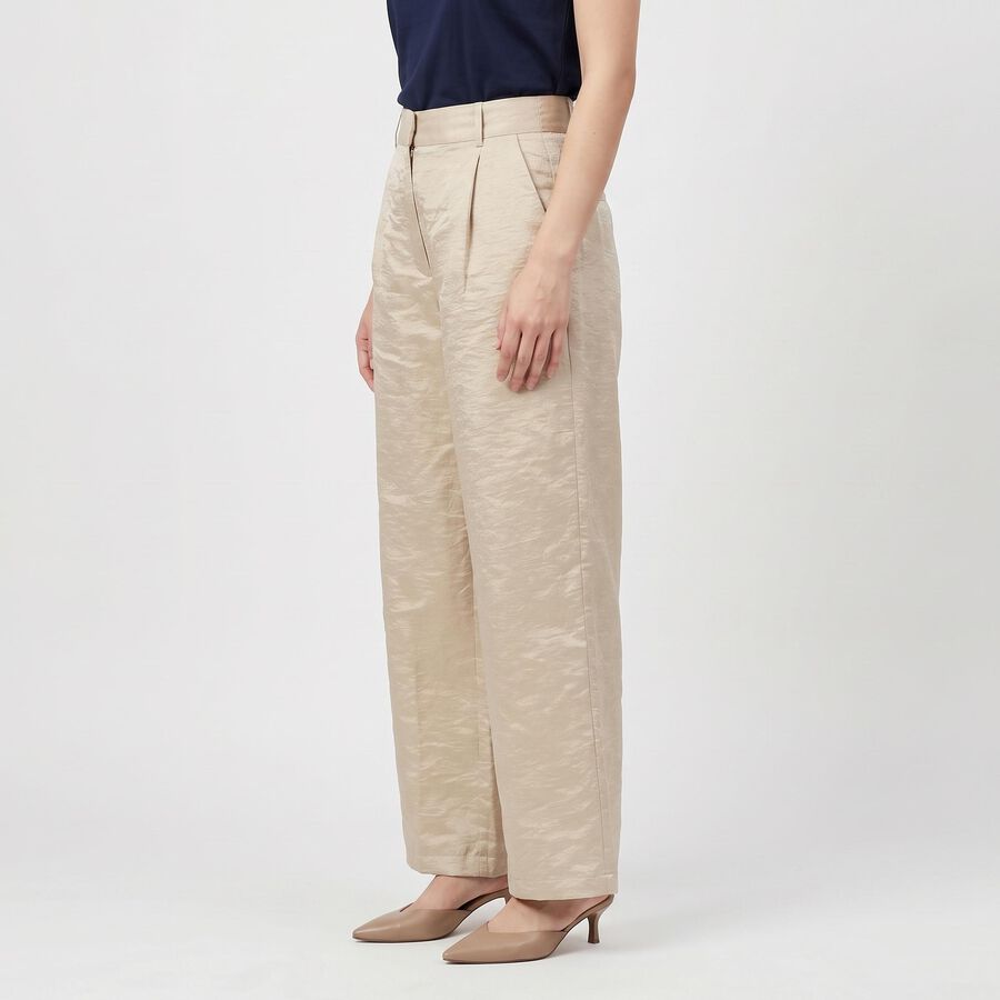 Women's Beige Wide-Leg Pleated Trousers, Beige, large