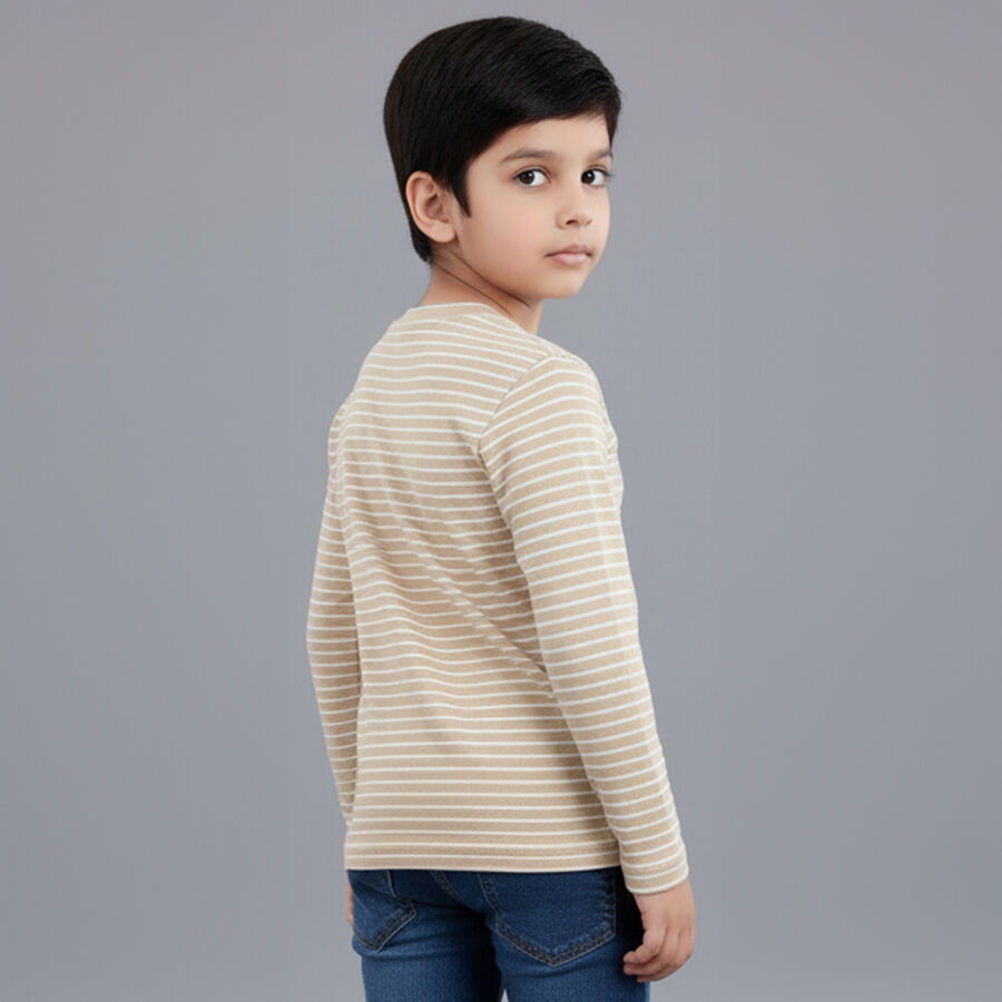 Boys Beige Cotton Blend Round Neck Casual T-Shirt, भूरा, large image number null