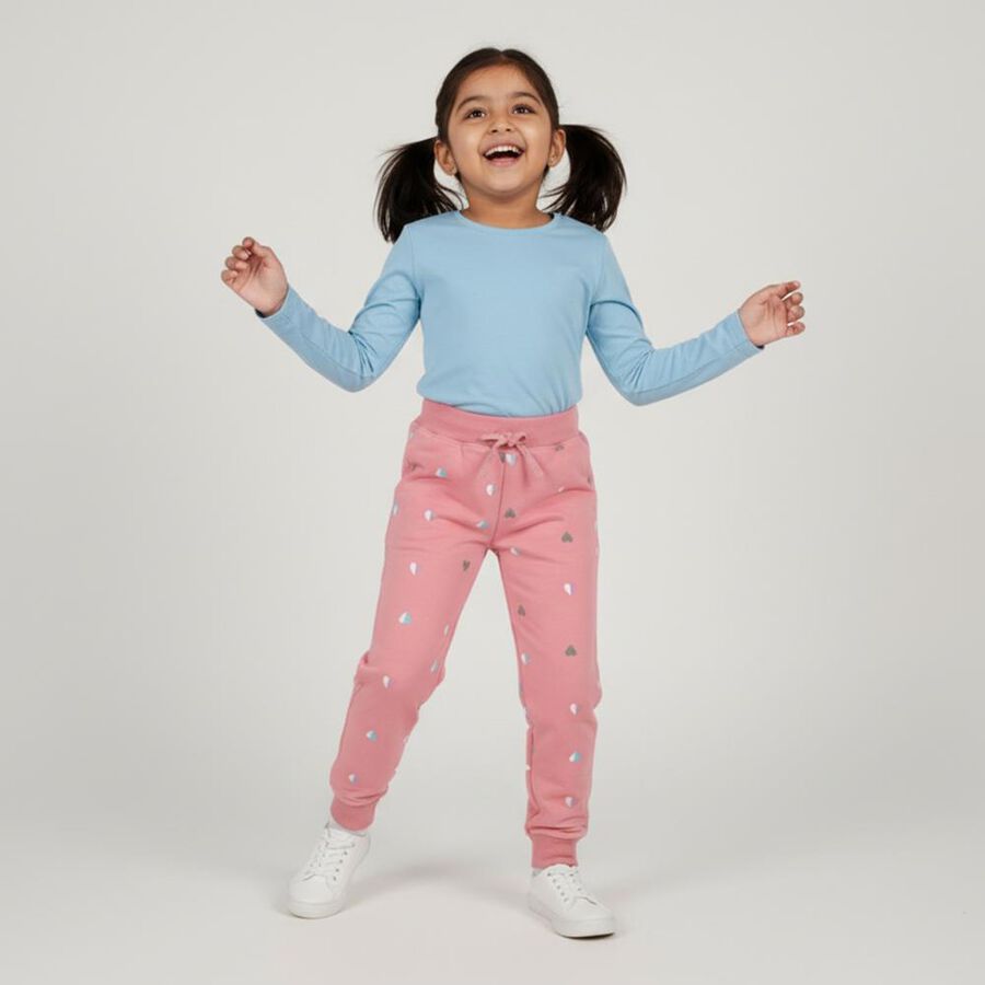 Girls' Soft Pink Heart Printed Drawstring Pyjama, Coral, large image number null