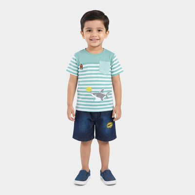 Boys Mint 100% Cotton Round Neck Striped Shark Printed Baba Suit