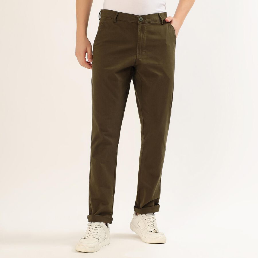 Men's Light Beige Slim Fit Flat-Front Casual Trousers, Olive, large