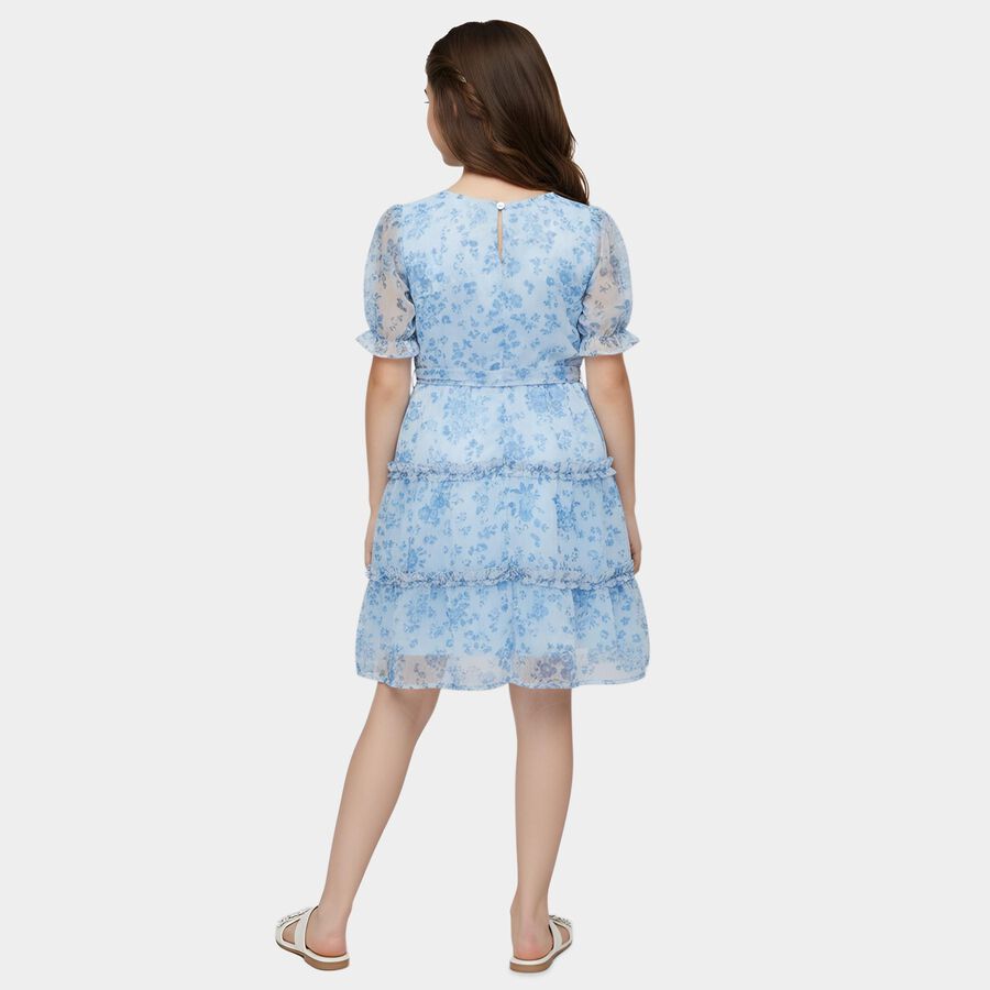 Girls' Blue Round Neck Sleeveless Tiered Dress, Mid Blue, large