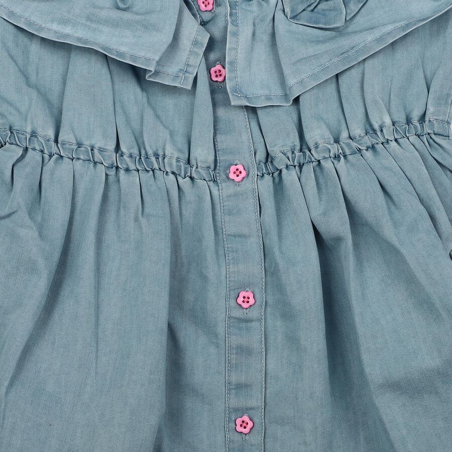 Girls' Light Blue Fit and Flare Ruffle Cold Shoulder Frock, हल्का नीला, large