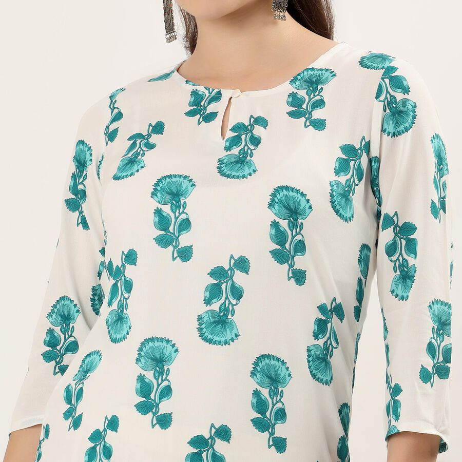 Women's Teal Notch Neck Floral Printed Kurta, एक्वा, large
