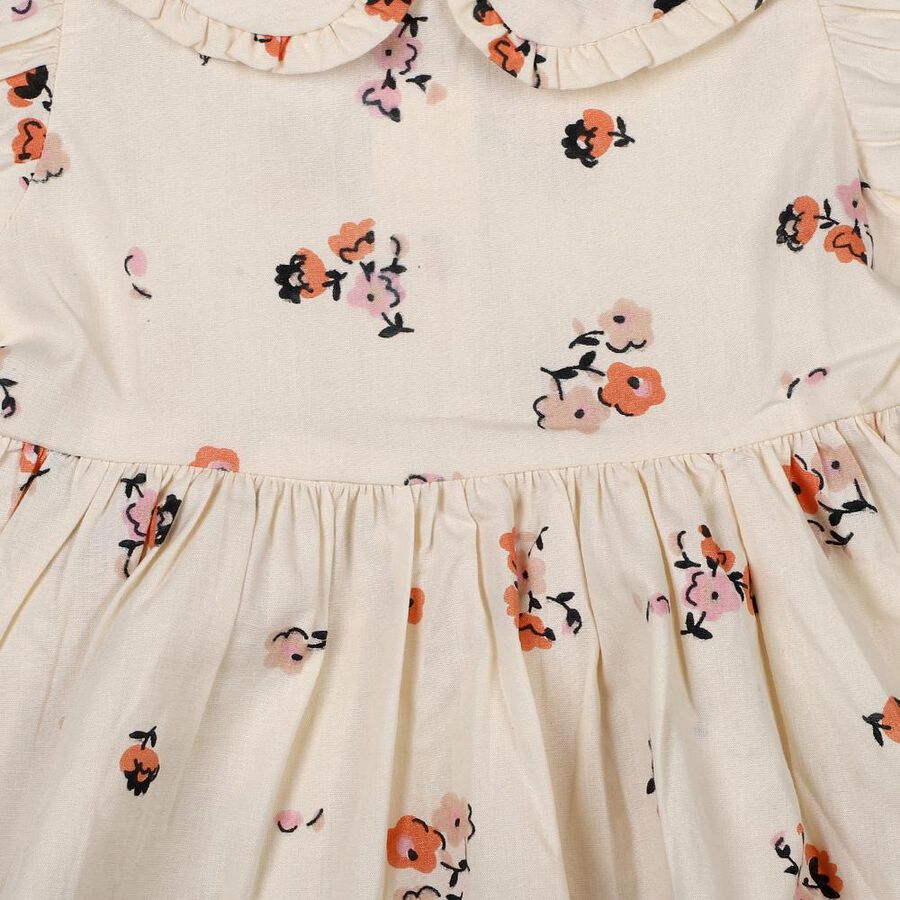 Girls' Cream Floral Print Puff Sleeve Frock, White, large