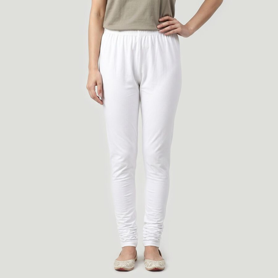 Women's White Cotton Blend Elastic Waist Churidar, सफ़ेद, large