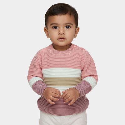 Infants Pastel Pink Crew Neck Striped Pullover