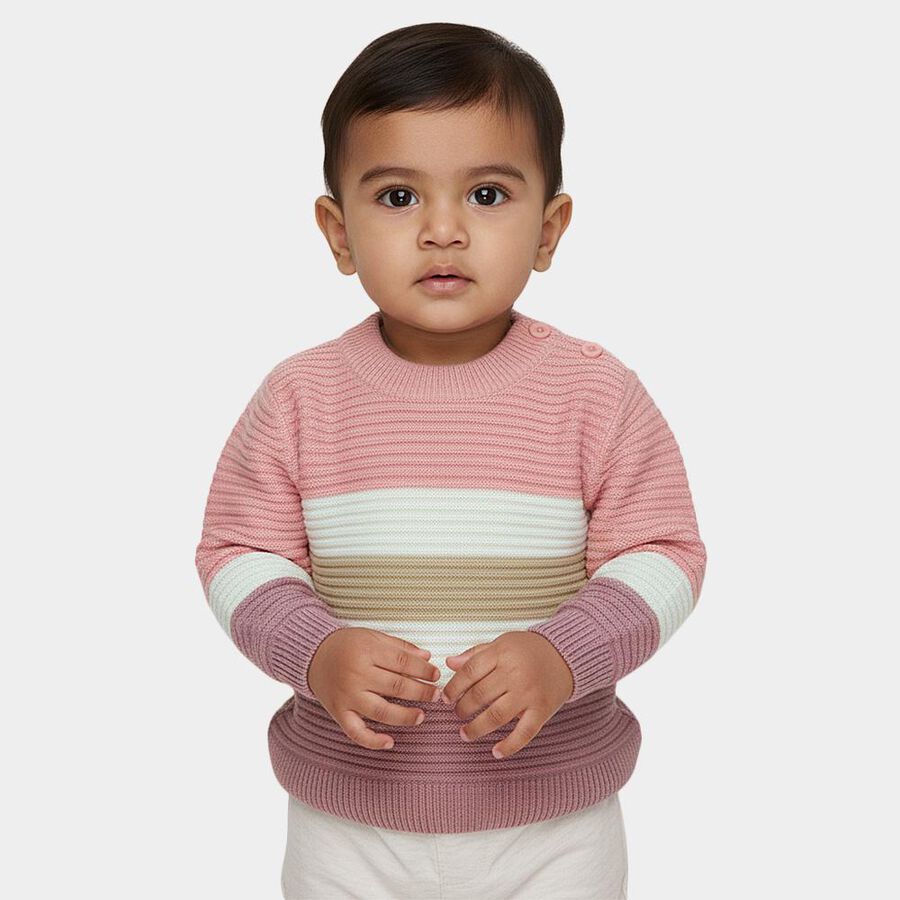 Infants Pastel Pink Crew Neck Striped Pullover, गुलाबी, large image number null