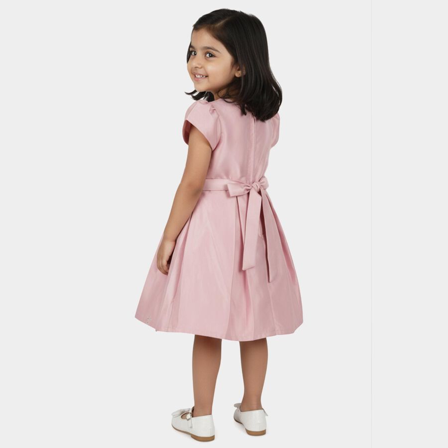 Girls' Pink Embroidered Bow Party Wear Frock, हल्का गुलाबी, large