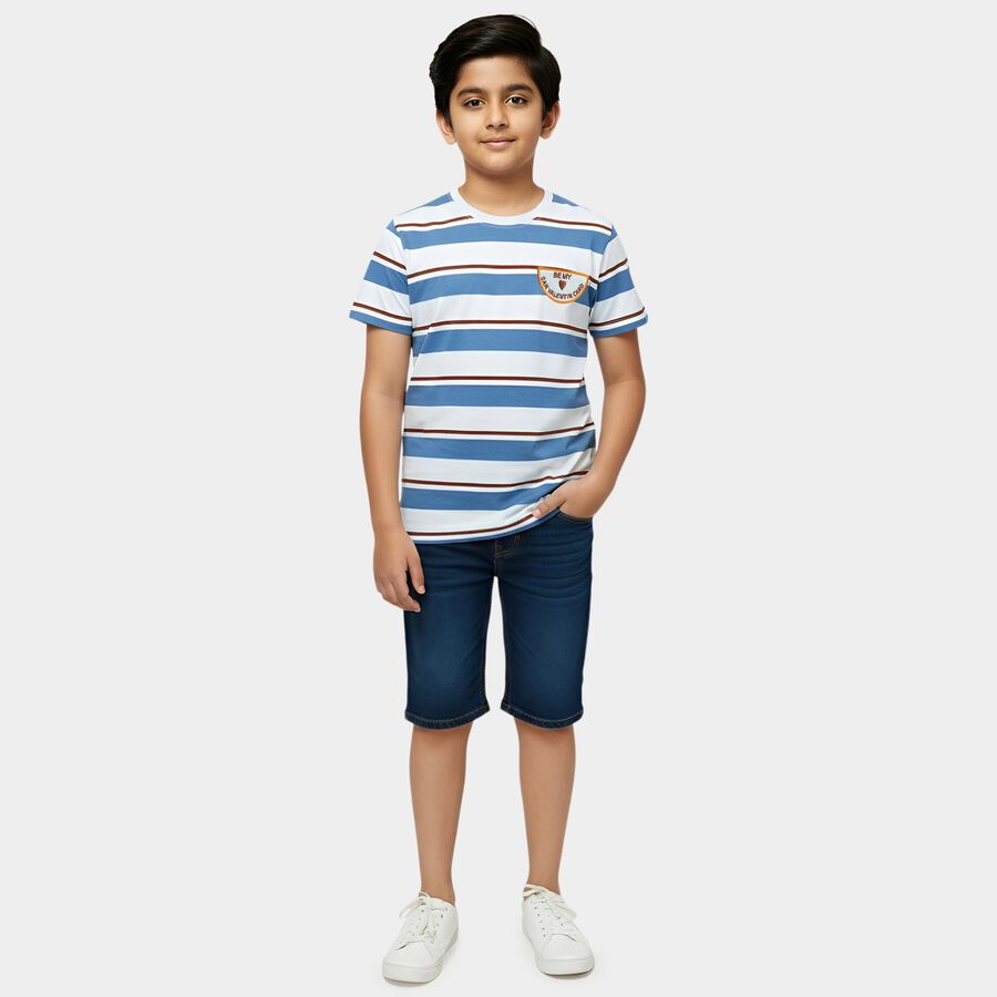 Boys Blue Cotton Round Neck Casual T-Shirt, मध्यम नीला, large