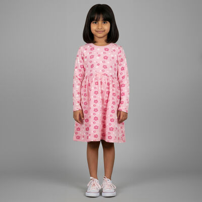 Girls' Soft Pink Floral Printed Long Sleeve Frock