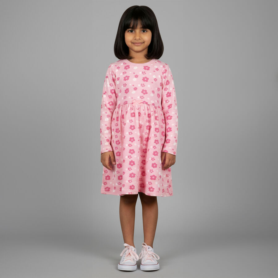 Girls' Soft Pink Floral Printed Long Sleeve Frock, Light Pink, large image number null