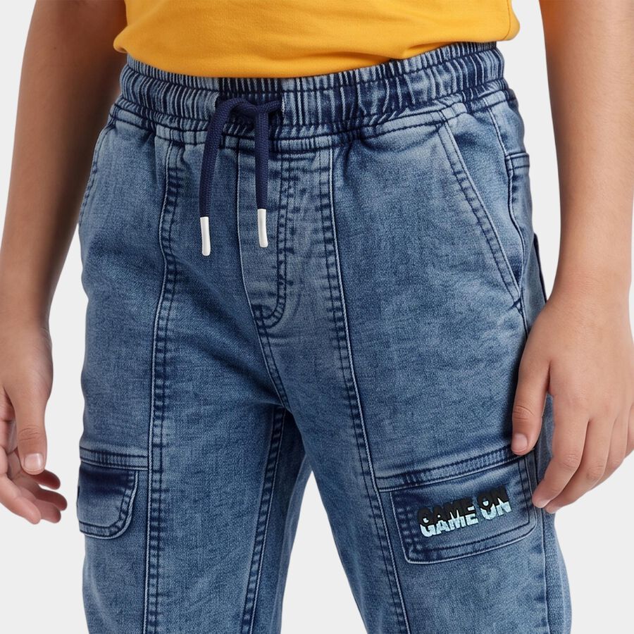 Boys' Blue Jogger Fit Paneled Jogger Jeans, गहरा नीला, large