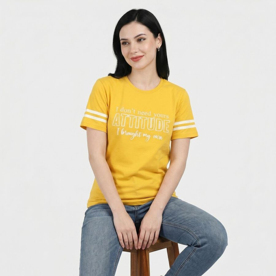 Women Yellow Round Neck Regular T-Shirt, पीला, large