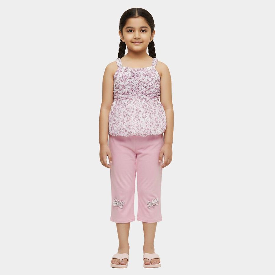 Girls Light Pink Sleeveless Floral Top and Capri Set, लाइलेक, large