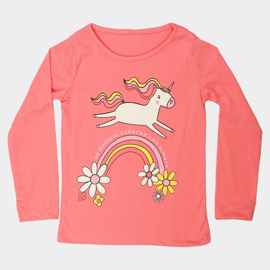 Girls' Coral Round Neck Regular Top, मूँगा (कोरल), large