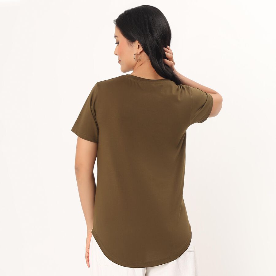 Women's Olive Round Neck Minimalist T-Shirt, Olive, large
