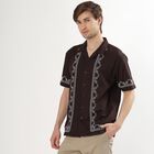 Men's Deep Brown Cotton Cuban Collar Casual Shirt, Brown, small