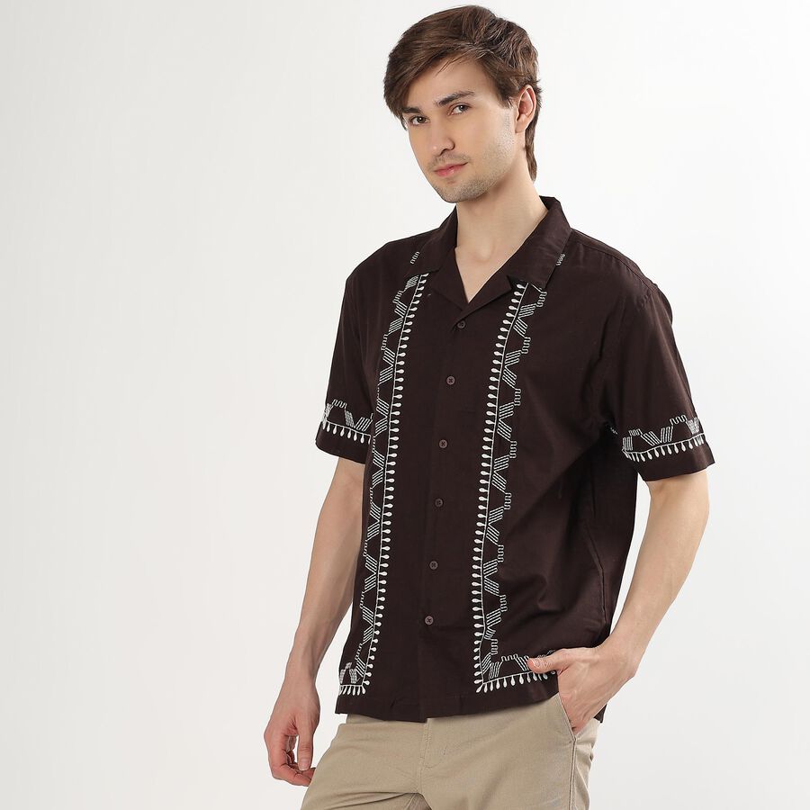 Men's Deep Brown Cotton Cuban Collar Casual Shirt, Brown, large