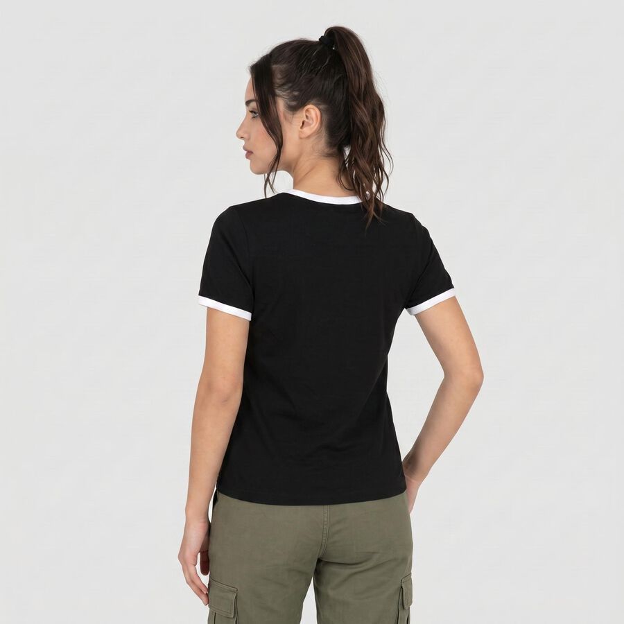 Women Black Round Neck Regular T-Shirt, Black, large