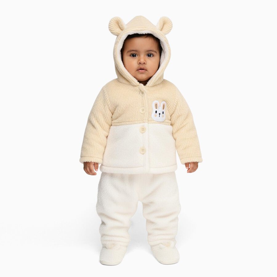 Infants Beige and White Bear Ear Hoodie Hipster Set, गहरा पीला, large image number null