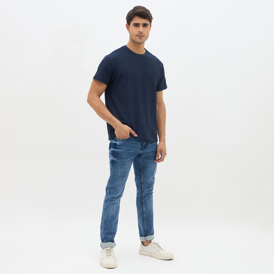 Men's Deep Midnight Navy Blue Cotton Round Neck Casual T-Shirt, Navy Blue, large image number null