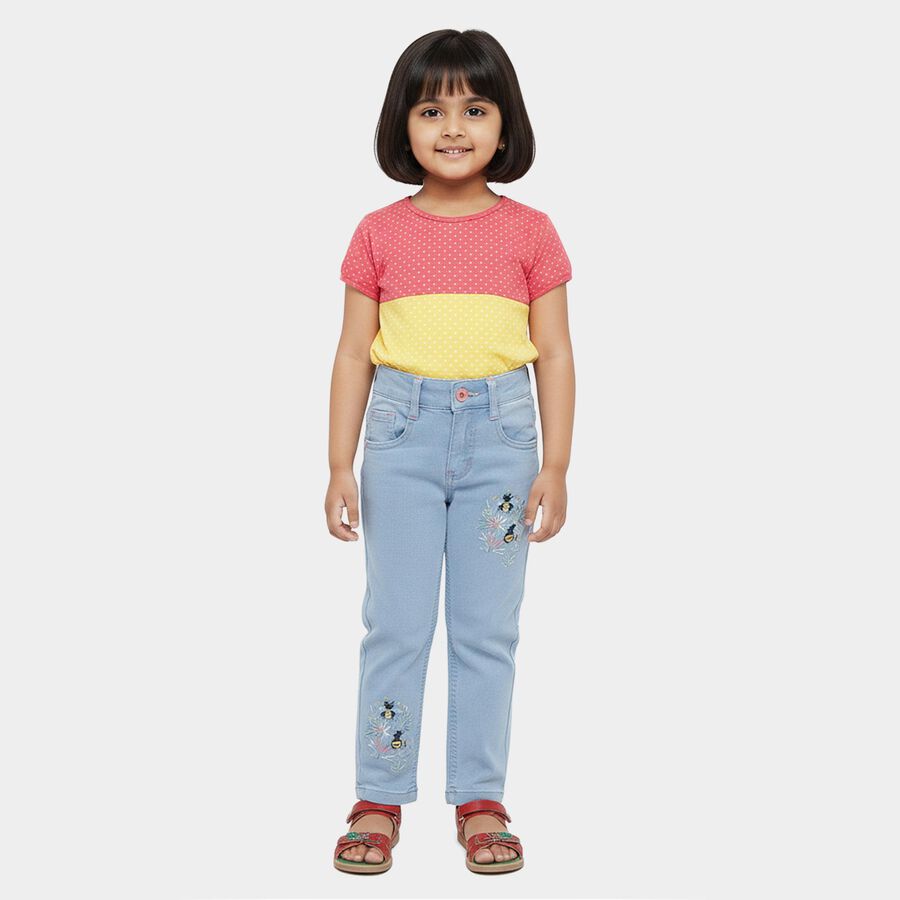 Girls' Light Blue Slim Fit Embroidered Jeans, हल्का नीला, large
