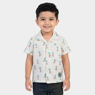 Boys' Off-White Cotton Half Sleeve Cuban Collar Casual Shirt