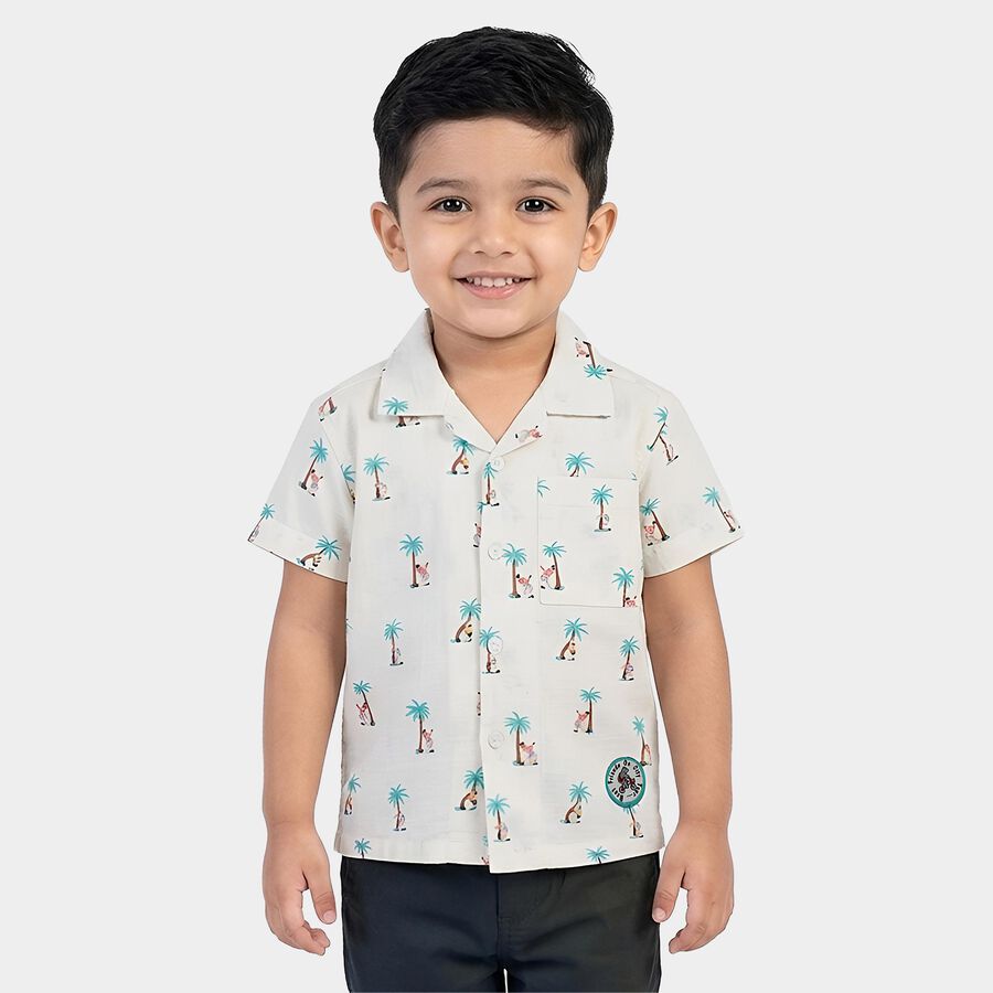Boys' Off-White Cotton Half Sleeve Cuban Collar Casual Shirt, ऑफ व्हाइट, large