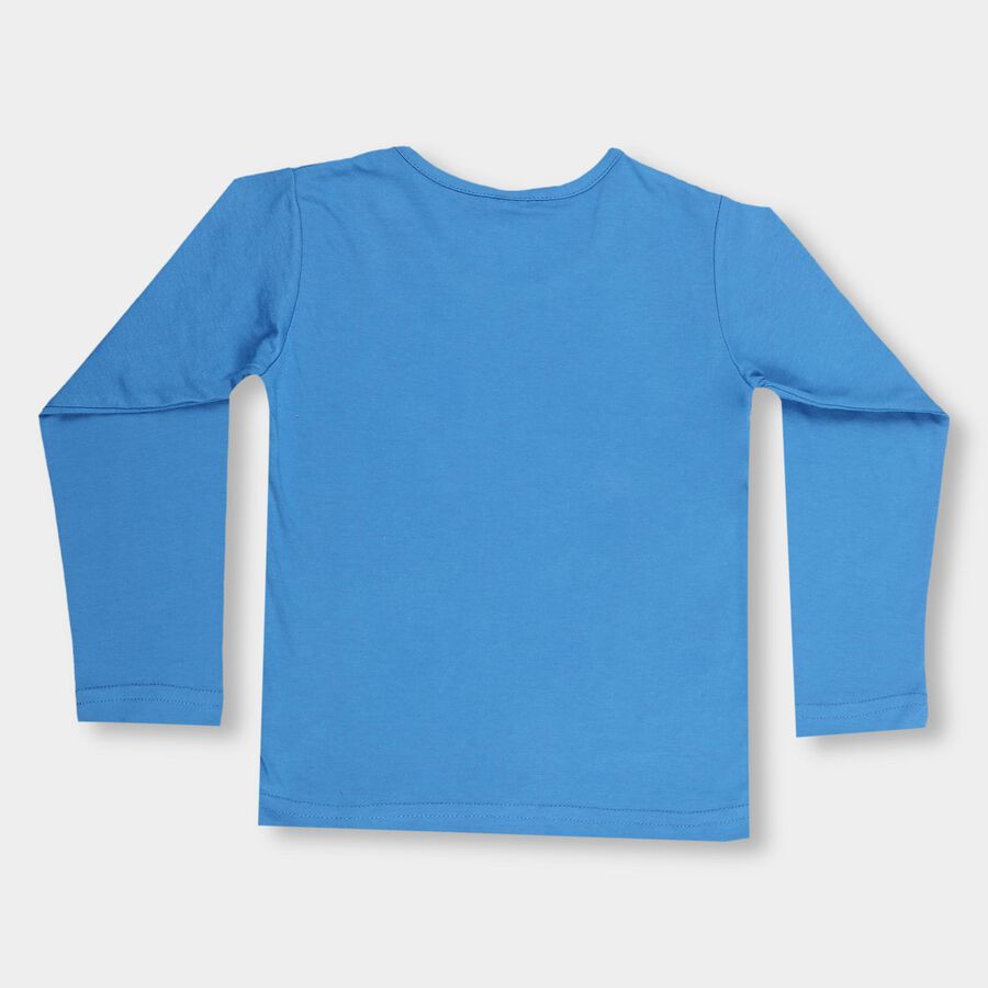 Girls' Bright Blue Cotton Round Neck Casual Top, Mid Blue, large image number null