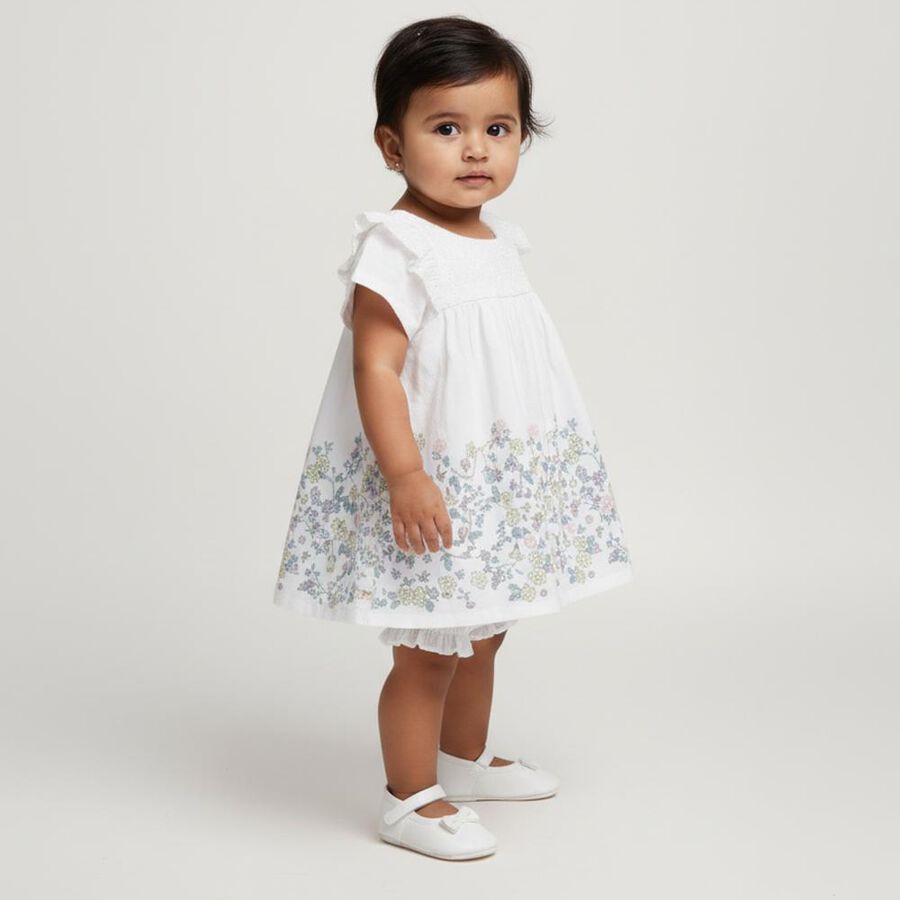 Infants' Bright White Floral Printed Cotton Frock, सफ़ेद, large image number null