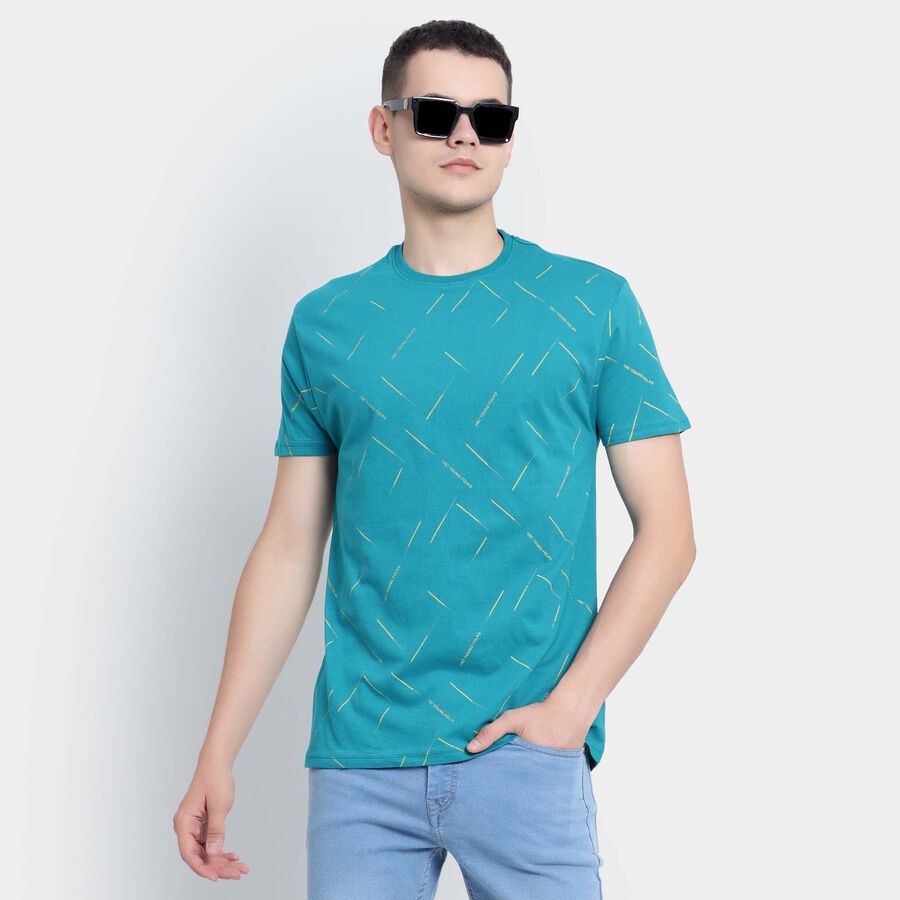 Cotton Round Neck T-Shirt, Teal Blue, large image number null