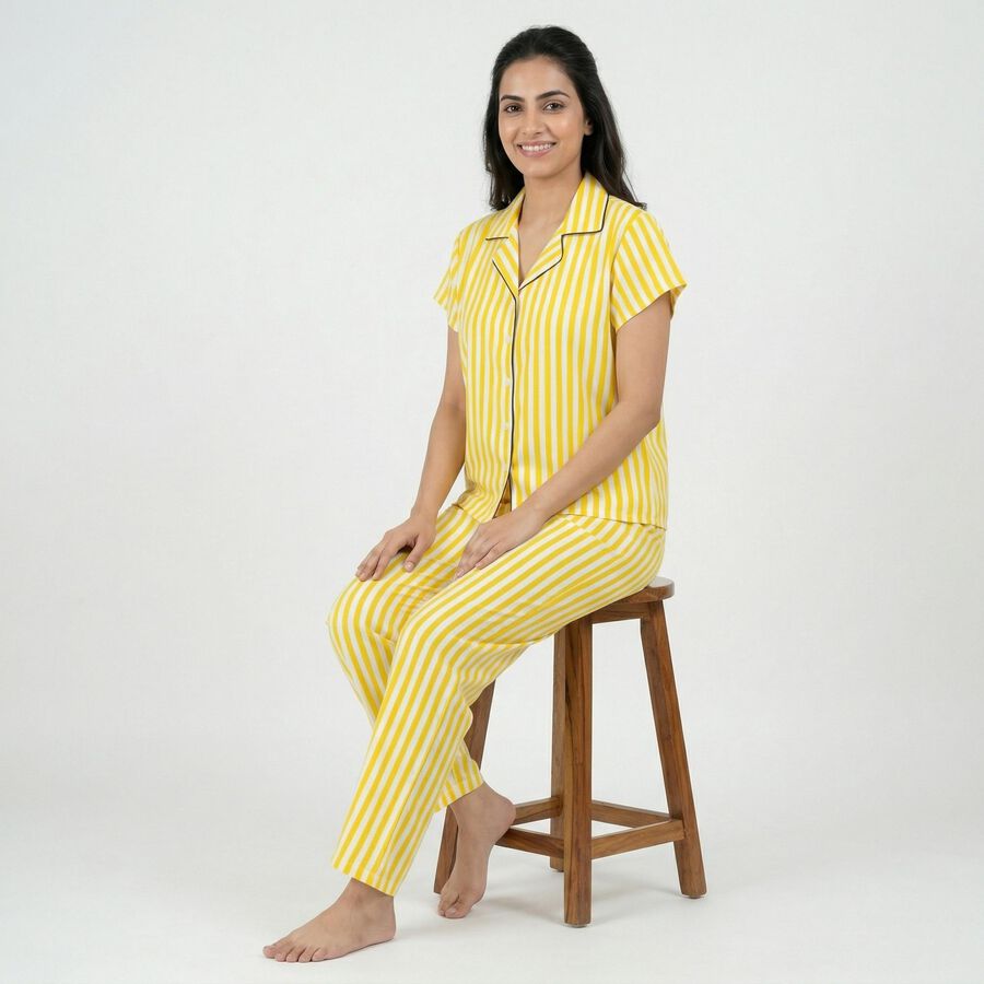 Women's Yellow Night Suit, पीला, large