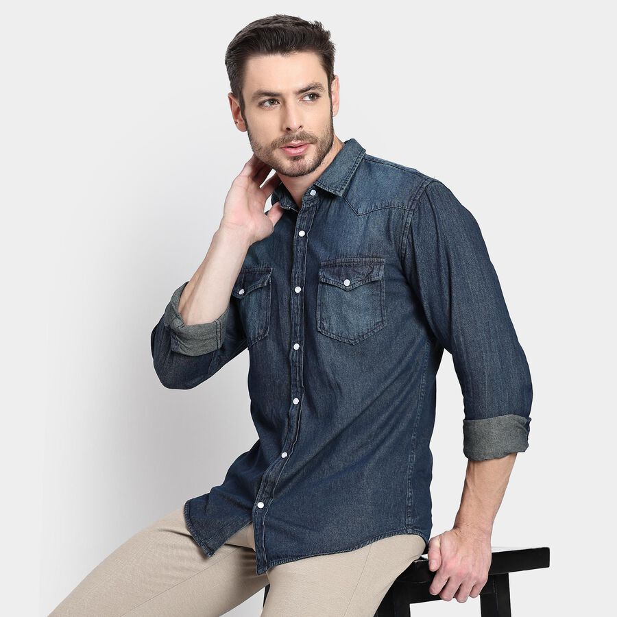 Men's 100% Cotton Casual Shirt, Dark Blue, large image number null