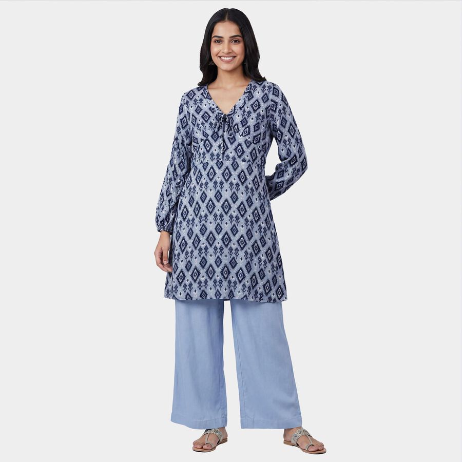 Women's Blue Round Neck Solid Kurta, हल्का नीला, large