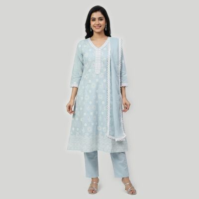 Women's Light Blue Embroidered Ethnic Set