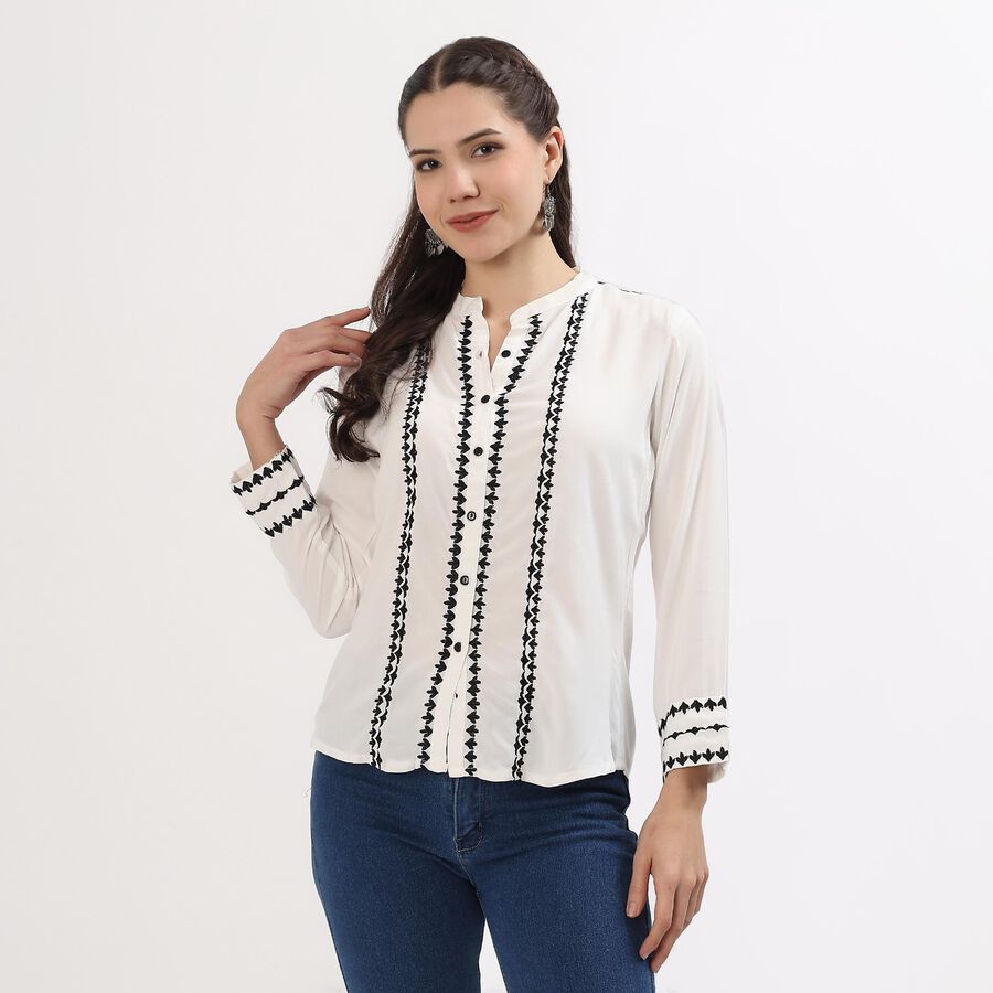 Women's Off-White Embroidered Mandarin Collar Shirt, Off White, large