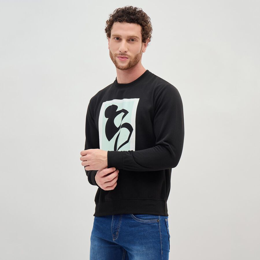 Men's Jet Black Crew Neck Graphic Sweatshirt, Black, large image number null