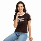 Women's Wine Cotton Blend Round Neck Regular T-Shirt, वाइन, small