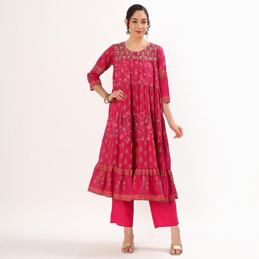 Women's Bright Magenta Pink Cotton Embroidered Ethnic Set, Fuchsia, large image number null