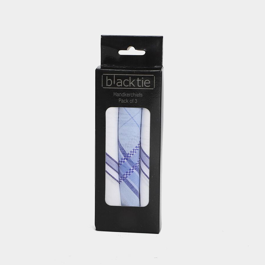 Men's Blue Checked Pack of 3 Handkerchief, Mid Blue, large