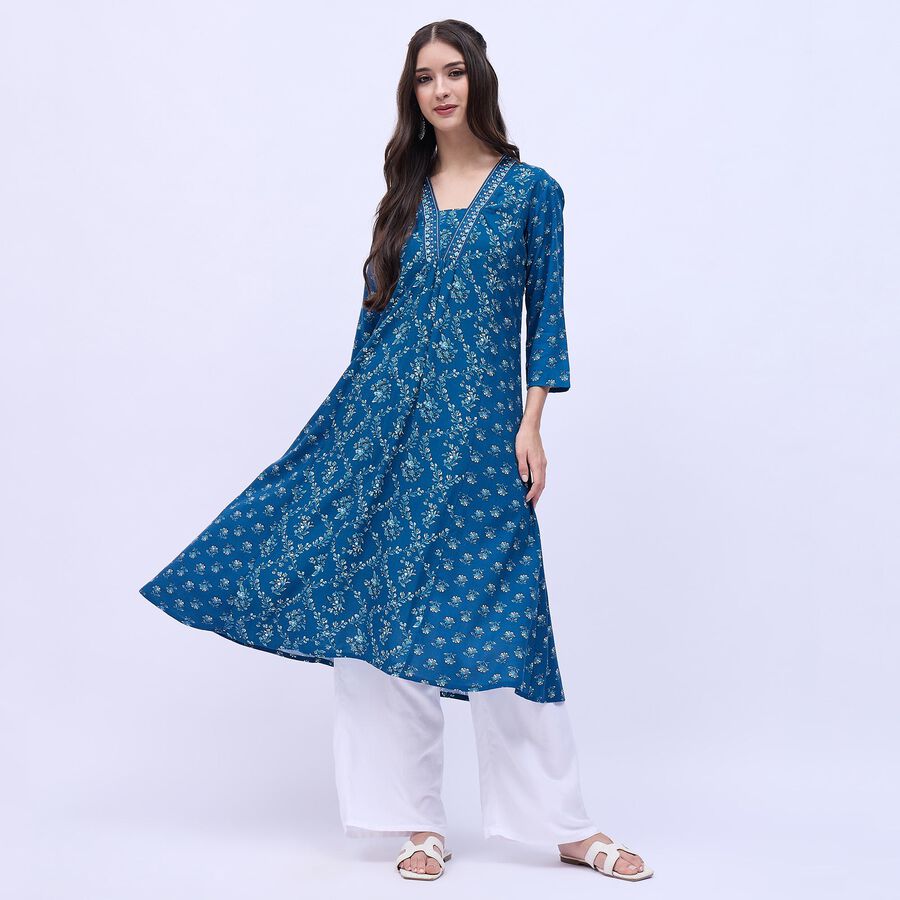 Women's Deep Peacock Blue V-Neck Floral Printed Kurta, Mid Blue, large image number null